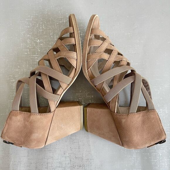 Eileen Fisher Fara Suede Leather Caged Sandals Block Heel Size 7.5 M Beige Tan - Picture 10 of 13